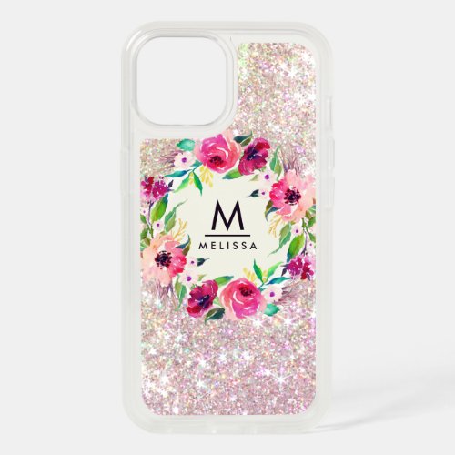 Rose Gold Glitter Monogram Floral Watercolor iPhone 15 Case