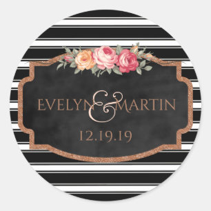 Rose Gold Glitter Monogram Floral Wedding Favor Classic Round Sticker
