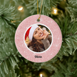 Rose Gold Glitter Monogram   Girly Modern PHOTO Ceramic Ornament