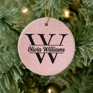 Rose Gold Glitter Monogram Girly Modern Sparkle Ceramic Ornament