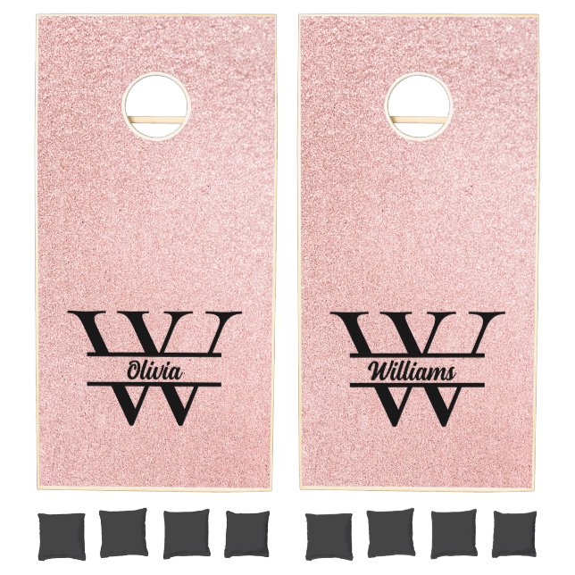 Rose Gold Glitter Monogram | Girly Modern Sparkle Cornhole Set (Set)