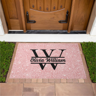 Rose Gold Glitter Monogram Girly Modern Sparkle Doormat