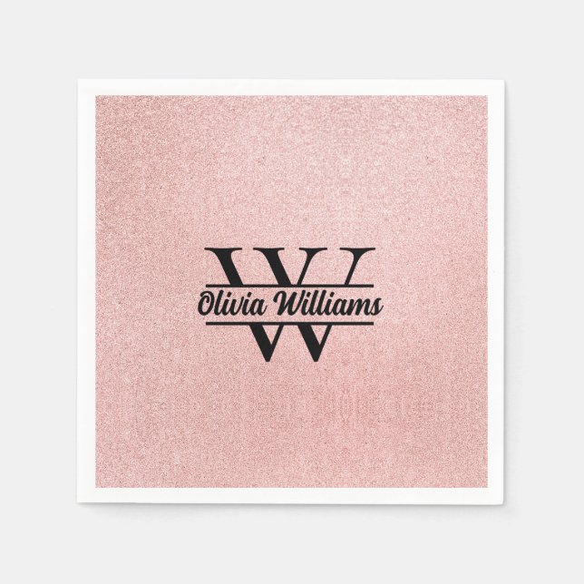 Rose Gold Glitter Monogram | Girly Modern Sparkle  Napkins (Front)