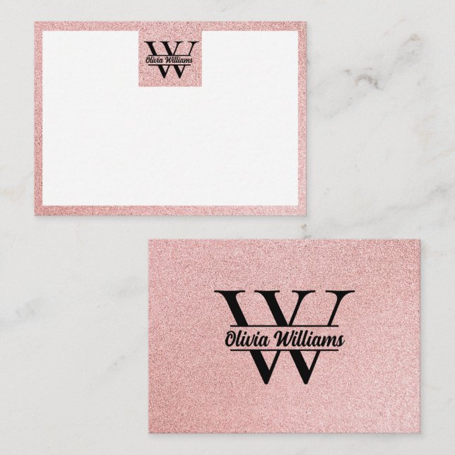 Rose Gold Glitter Monogram | Girly Modern Sparkle Note Card (Front/Back)