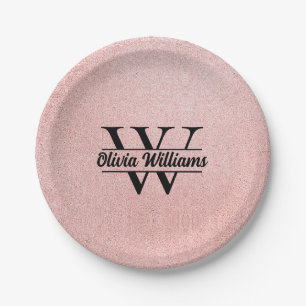 Rose Gold Glitter Monogram   Girly Modern Sparkle  Paper Plates