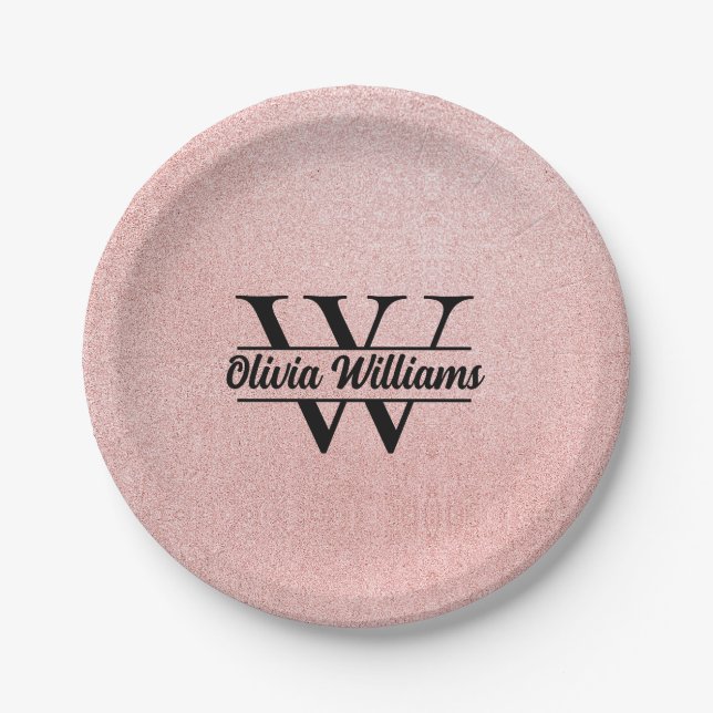 Rose Gold Glitter Monogram | Girly Modern Sparkle  Paper Plates (Front)