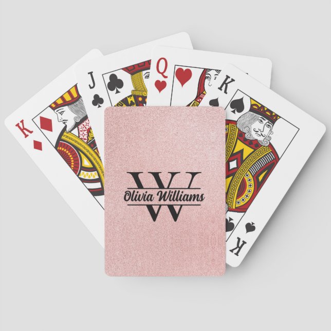 Rose Gold Glitter Monogram | Girly Modern Sparkle  Poker Cards (Back)