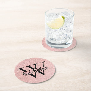 Rose Gold Glitter Monogram Girly Modern Sparkle Round Paper Coaster