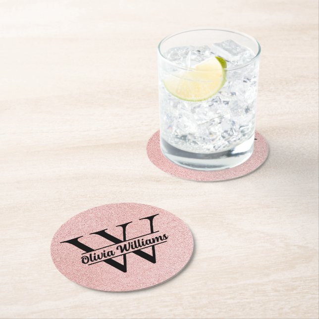 Rose Gold Glitter Monogram | Girly Modern Sparkle  Round Paper Coaster (Insitu)