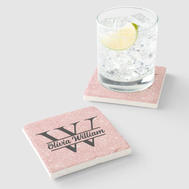  Rose Gold Glitter Monogram | Girly Modern Sparkle Stone Coaster (Side)