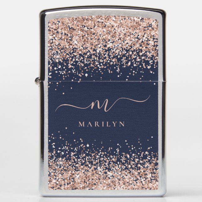 Rose Gold Glitter Monogram Initial Name Navy Blue Zippo Lighter (Front)