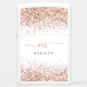 Rose Gold Glitter Monogram Initial Script Name Zippo Lighter
