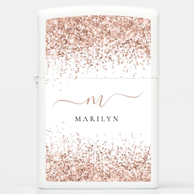 Rose Gold Glitter Monogram Initial Script Name Zippo Lighter (Front)