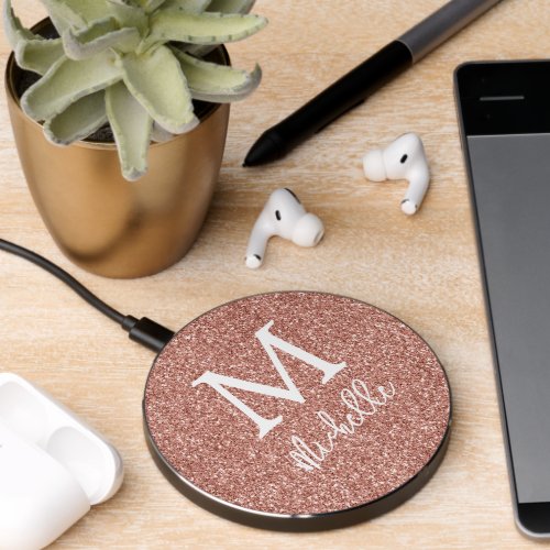 Rose Gold Glitter Monogram Initial  Wireless Charger