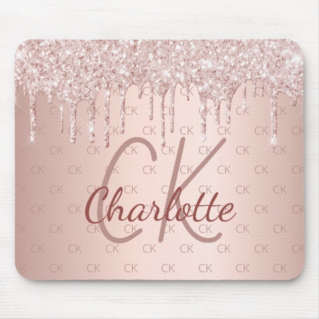 Rose gold glitter monogram initials blush pink mouse pad (Front)