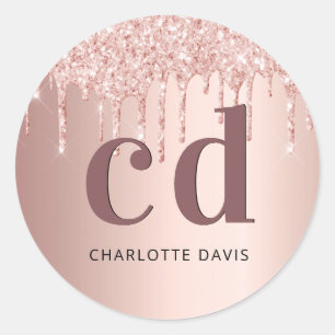 Rose gold glitter monogram initials classic round sticker