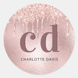 Rose gold glitter monogram initials classic round sticker