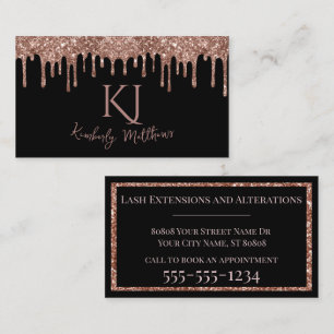 Rose Gold Glitter Monogram Initials on Black Business Card