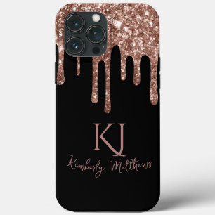 Rose Gold Glitter Monogram Initials on Black iPhone 13 Pro Max Case