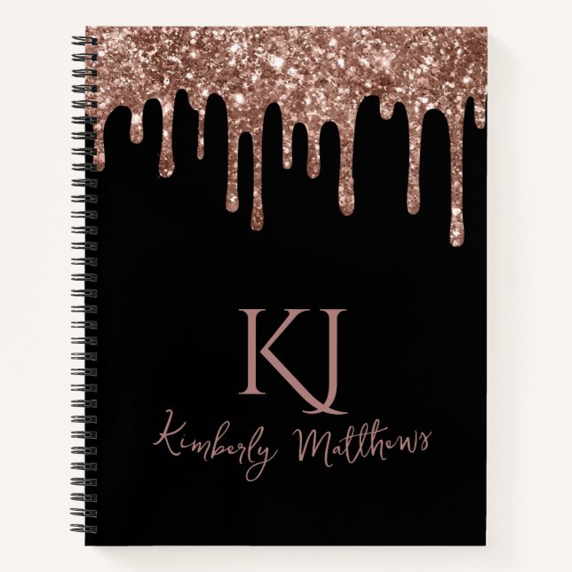 Rose Gold Glitter Monogram Initials on Black Notebook (Front)