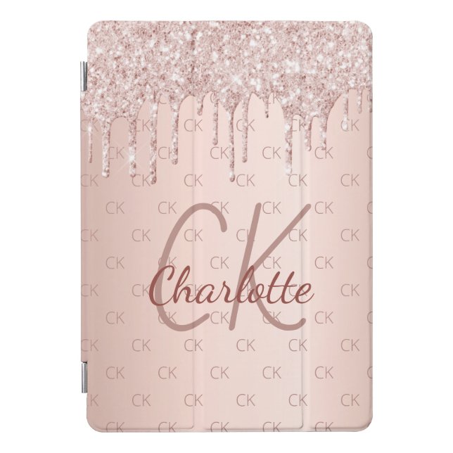 Rose gold glitter monogram initials pink iPad pro cover (Front)