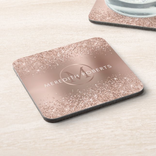 Rose Gold Glitter Monogram Logo Beverage Coaster (Left Side)