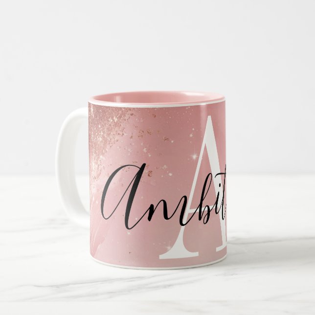 Rose Gold Glitter Monogram Mug – Personalized Name (Front Left)