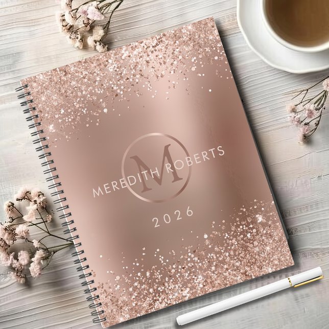 Rose Gold Glitter Monogram Name 2026 Planner (Rose Gold Foil Blush Glitter Monogram Name 2026 Planner)
