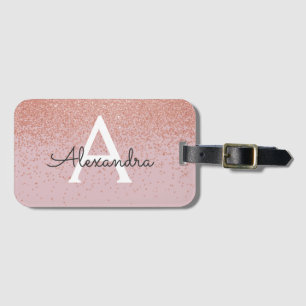 Rose Gold Glitter Monogram Name and Initial Luggage Tag