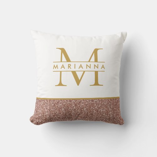 Rose Gold Glitter Monogram Name and Quote Throw Pillow
