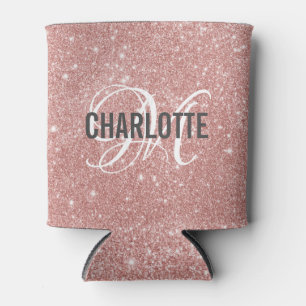 Rose gold glitter monogram name can cooler