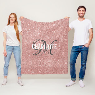 Rose gold glitter monogram name fleece blanket