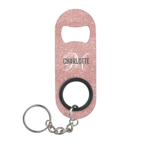 Rose gold glitter monogram name   keychain bottle opener