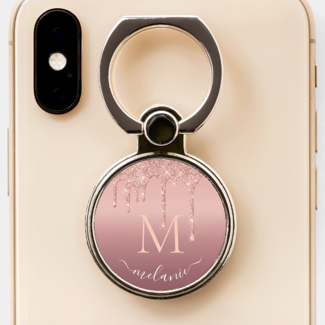 Rose Gold Glitter Monogram Name Phone Ring Stand (Close Up)
