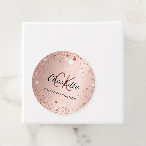 Rose gold glitter monogram name script favor tags