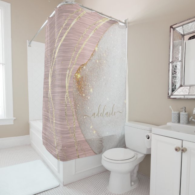 Rose Gold Glitter Monogram Name Script Metallic Shower Curtain (In Situ)