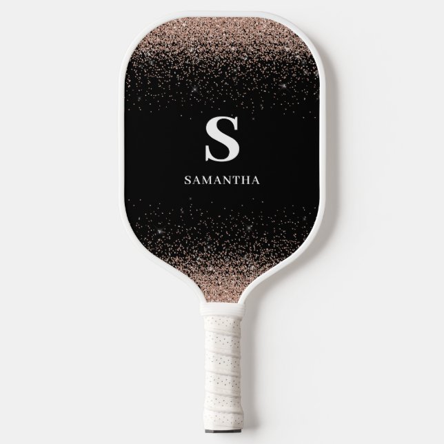 Rose Gold Glitter Monogram Pickleball Paddle (Front)