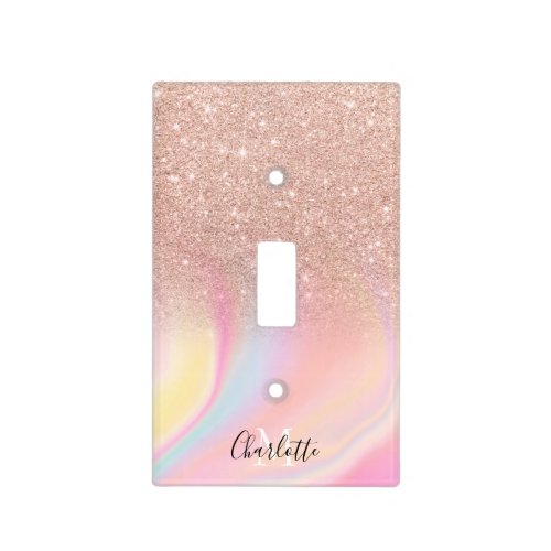 Rose gold glitter monogram pink rainbow marble light switch cover