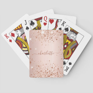Rose gold glitter monogram script poker cards