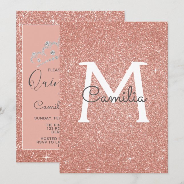 Rose Gold Glitter Monogram Sparkle Quinceanera Invitation (Front/Back)