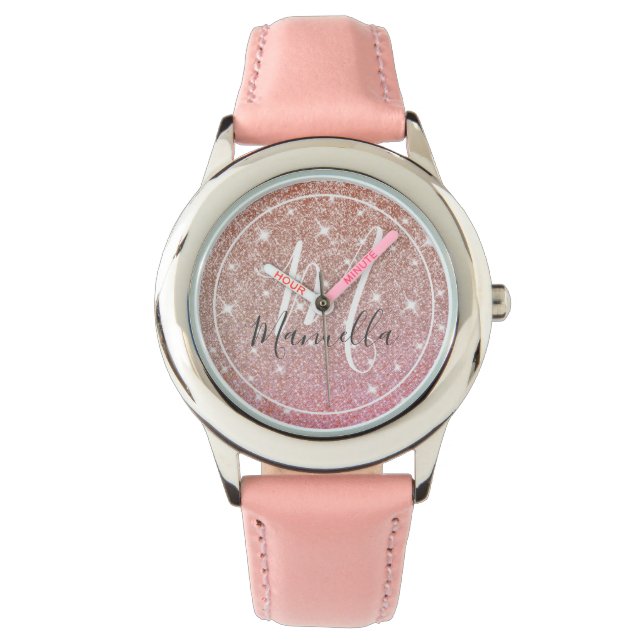 Rose Gold Glitter Monogrammed Girly Pink Watch (Front)