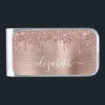 Rose Gold Glitter Monogrammed Silver Finish Money Clip<br><div class="desc">Monogrammed elegant and girly money clip featuring rose gold faux glitter dripping on a rose gold background. Personalize with your name in a stylish white script with swashes.</div>