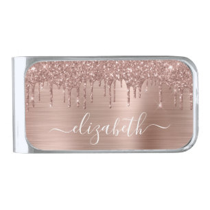 Rose Gold Glitter Monogrammed Silver Finish Money Clip