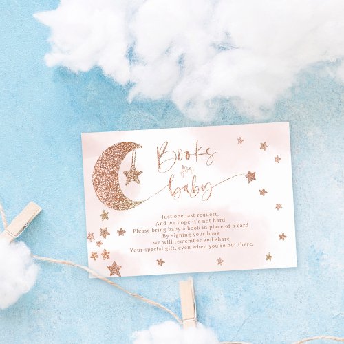 Rose gold glitter moon stars clouds bring a book enclosure card