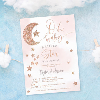 Rose Gold Glitter Moon Stars Clouds Oh Baby Shower Invitation by girly_trend at Zazzle
