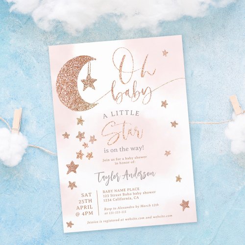 Rose gold glitter moon stars clouds oh baby shower invitation