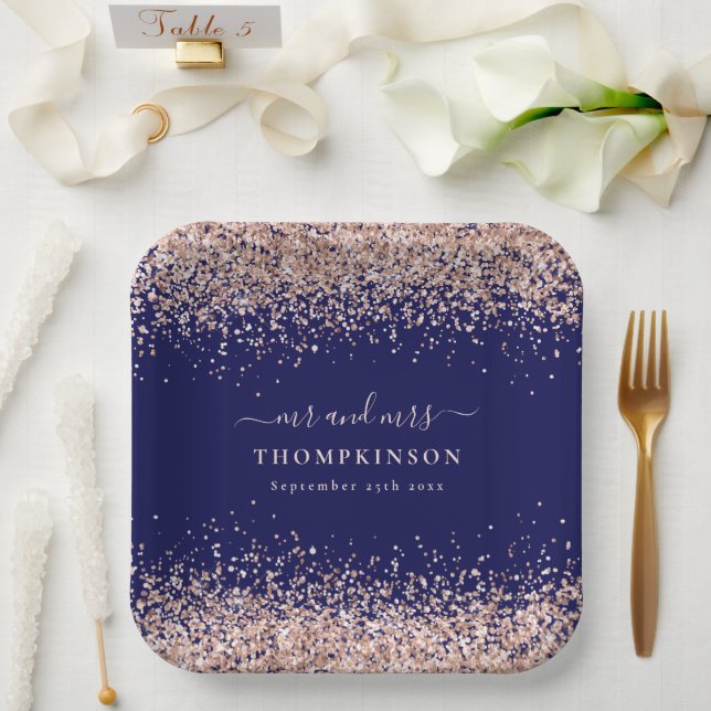 Rose Gold Glitter Mr Mrs Name Navy Blush Wedding Paper Plates (Wedding)
