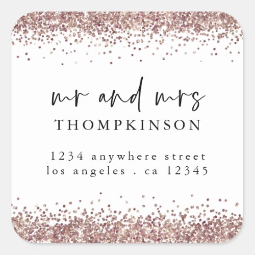 Rose Gold Glitter Mr Mrs Name Return Address White Square Sticker