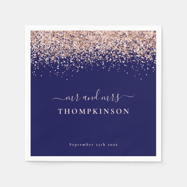 Rose Gold Glitter Mr Mrs Name Wedding Navy Blush Napkins (Front)