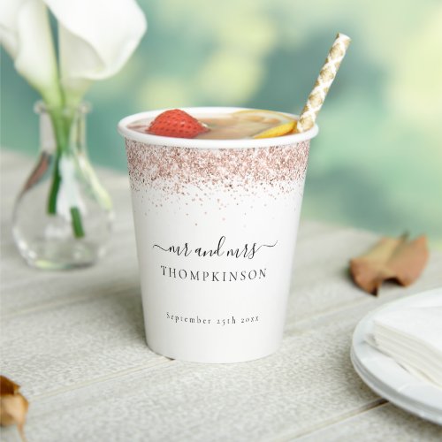 Rose Gold Glitter Mr Mrs Script Name Wedding Paper Cups